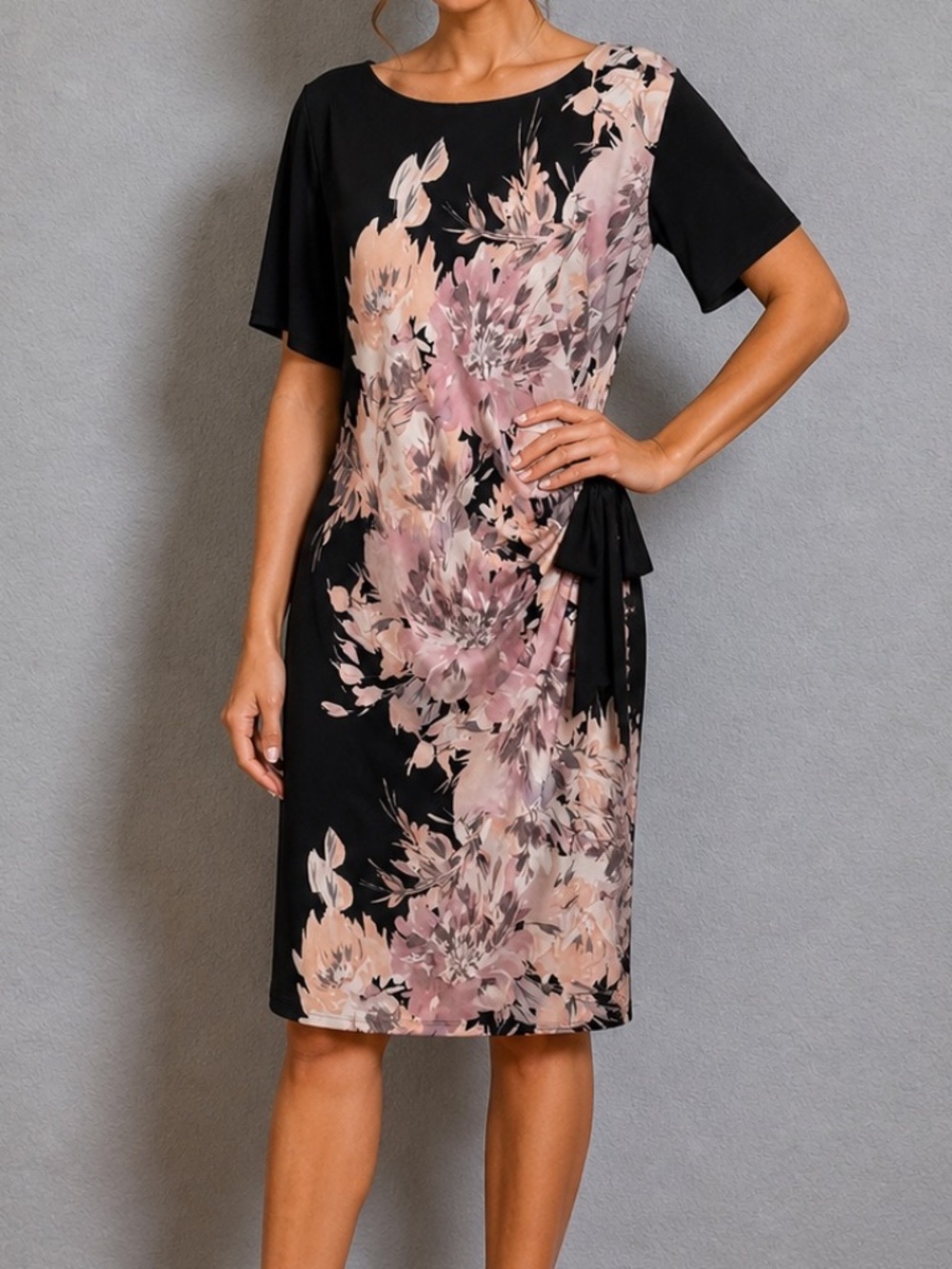 AUW Faux Wrap Pink/Black Floral Dress Size 14.